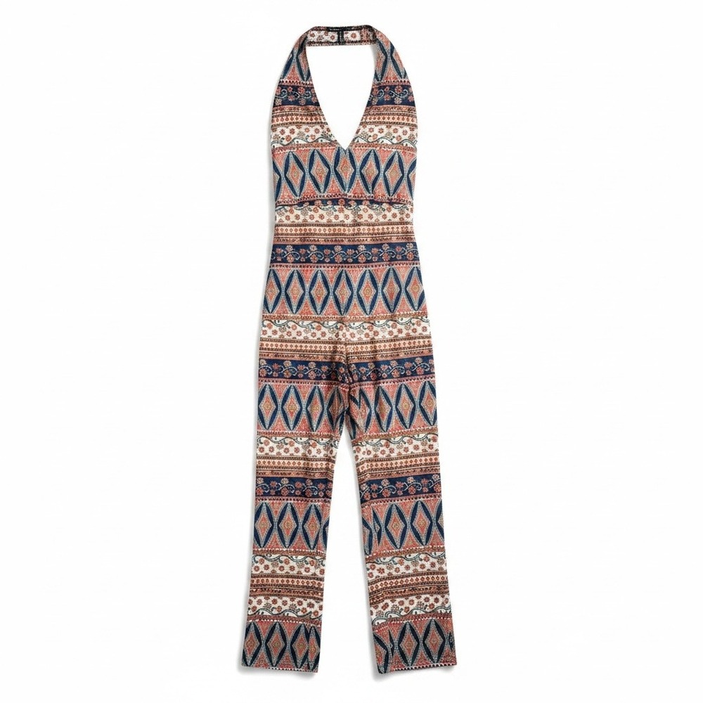 Women's XXL Boho Halter Jumpsuit Geometric Print Backless Wide Leg 70s